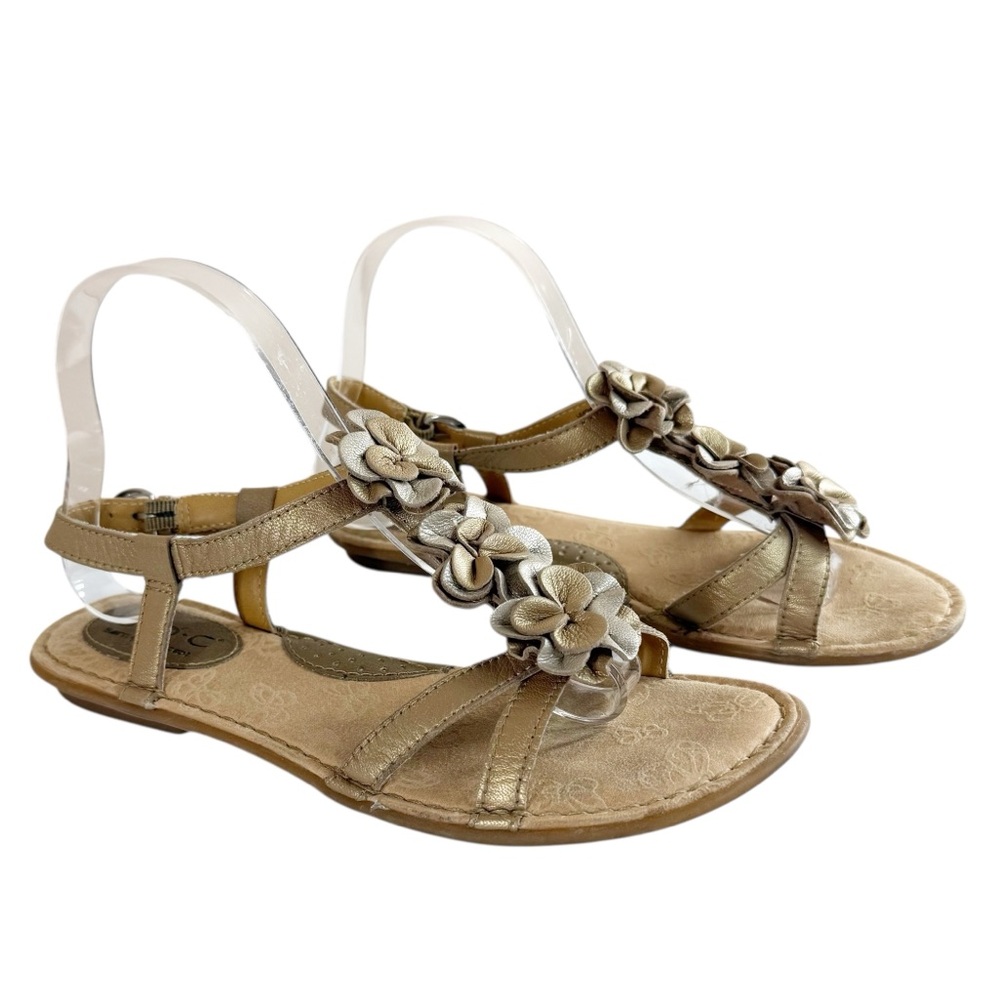 BOC Born Metallic Gold Leather Floral T Strap Sandals Comfort Slingback Size 7